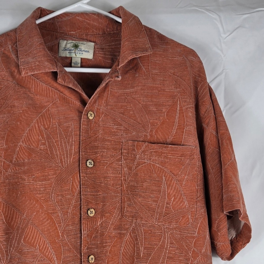 Island Shores Mens Large Rust Orange 100% Silk Jacquard Camp Shirt L Short Slv